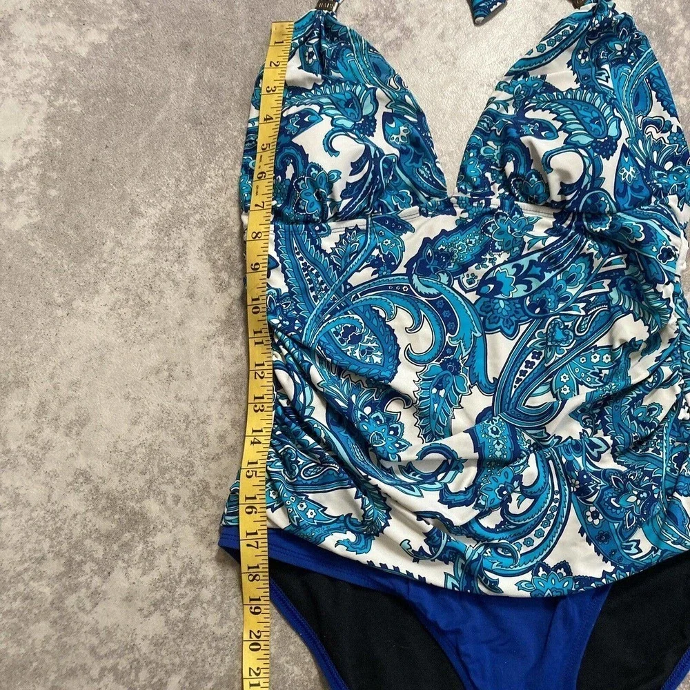 Chaps Sz 12 Retro Paisley Halter Swimsuit Blue‎ White Sweetheart Shirred